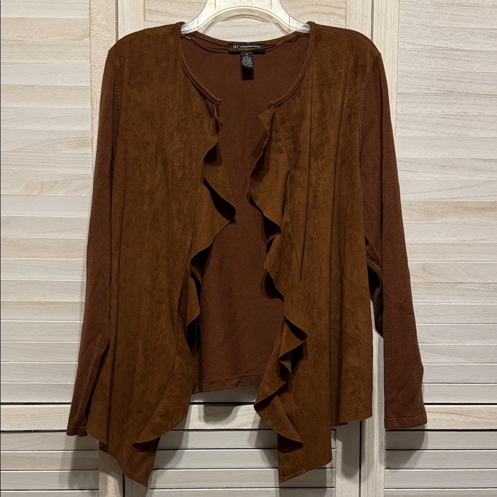 INC Faux Suede Brown Ruffled Open Cardigan. Size 1X